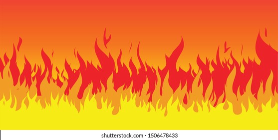 Ablaze. Red, orange, yellow Fire flames. Cartoon, fire or flame sign. Drawn flames pattern. Funny vector flamme icon. Drawing burn, bonfire, campfire banner. Torch flame. Inferno fire. Fireman's job.