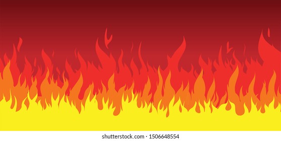 Ablaze. Red, orange, yellow Fire flames. Cartoon, fire or flame sign. Drawn flames pattern. Funny vector flamme icon. Drawing burn, bonfire, campfire banner. Torch flame. Inferno fire. Fireman's job.