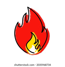 Ablaze. Red, orange and yellow Fire flames. Cartoon, fire or flame sign. Drawn flames pattern. Funny flat vector flamme icon. Drawing burn, bonfire, campfire banner. Torch flame. Inferno fire.