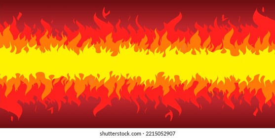 Ablaze. Red, orange, yellow Fire flames. Cartoon, fire or flame sign. Drawn flames pattern. Funny vector flamme icon. Drawing burn, bonfire, campfire banner. Torch flame. Inferno fire. Fireman's job.