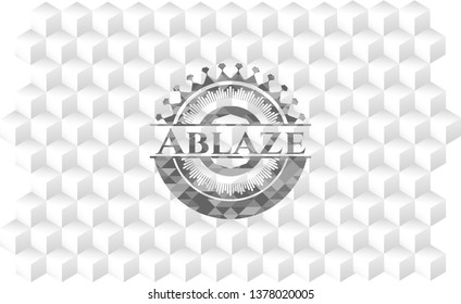 Ablaze retro style grey emblem with geometric cube white background