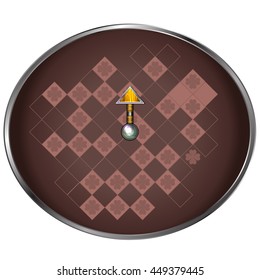 able coffee color. Table luck. Brown table with metal stroke and golden arrow.