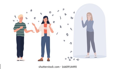 Ableism concept. Discrimination and social prejudice against people with disabilities. Deaf woman can't hear other people talking. Glass bulb as a methaphor. Isolated vector illustration