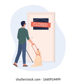 Ableism concept. Discrimination and social prejudice against people with disabilities. Blind man with a dog standing in front of closed door. Isolated vector illustration in cartoon style