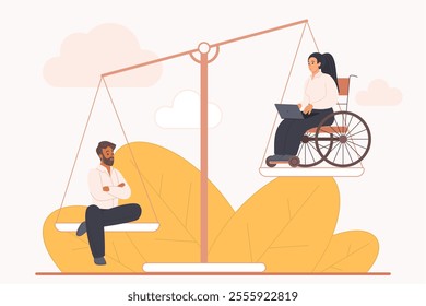 Ableism, discrimination in employment for people with disability, unequal rights, difficult to integrate into team. Tiny man and woman with wheelchair on unbalance scales cartoon vector illustration