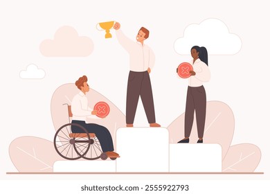 Ableism, discrimination for people with disability, racism and gender bias. Tiny man with golden winner cup on top of podium, employees on lower steps with cross of refusal cartoon vector illustration