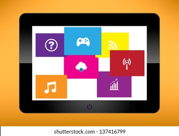 ablet computer with creative folded paper modern template design, With cloud of colorful application icons Vector illustration