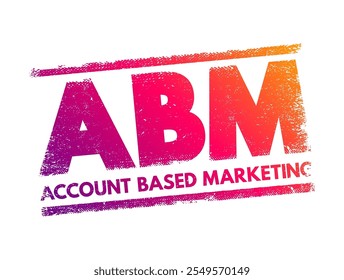 ABM Account Based Marketing - business marketing strategy that concentrates resources on a set of target accounts within a market, acronym text concept stamp