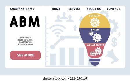 ABM - Acrónimo de gestión basada en actividades. fondo de concepto de negocio.  concepto de ilustración vectorial con palabras clave e iconos. ilustración con iconos para banner web, volante, aterrizaje