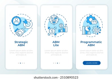 ABM se acerca a la pantalla azul del App móvil de incorporación. Instrucciones gráficas editables de 3 pasos con conceptos lineales. PLANTILLA UI, UX, GUI