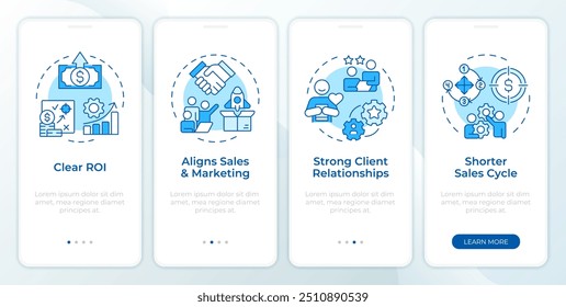 ABM benefits blue onboarding mobile app screen. Walkthrough 4 steps editable graphic instructions with linear concepts. UI, UX, GUI template