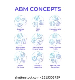 ABM blue gradient concept icons. Advertisement strategy, personalization. Targeted marketing. Icon pack. Vector images. Round shape illustrations for infographic, presentation. Abstract idea