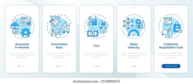 ABM efficiency blue onboarding mobile app screen. Walkthrough 5 steps editable graphic instructions with linear concepts. UI, UX, GUI template