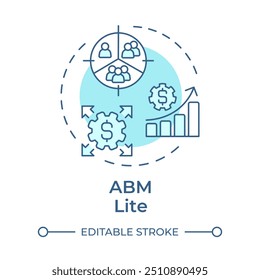 Ícone de conceito azul suave ABM lite. Estatísticas das empresas, marketing. Estratégia publicitária. Ilustração de linha de forma redonda. Ideia abstrata. Design gráfico. Fácil de usar em infográfico, apresentação