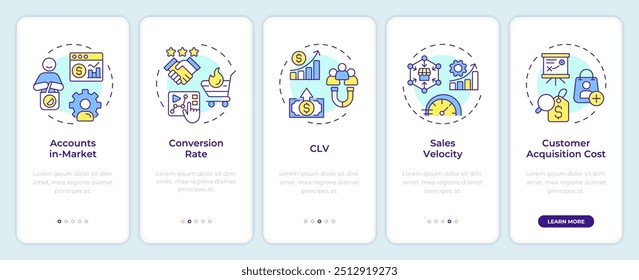 ABM metrics onboarding mobile app screen. Customer acquisition. Walkthrough 5 steps editable graphic instructions with linear concepts. UI, UX, GUI template