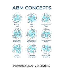 Iconos de concepto azul suave de ABM. Estrategia publicitaria, personalización. Marketing dirigido. Paquete de iconos. Imágenes vectoriales. Ilustraciones de forma redonda para infografía, presentación. idea Abstractas