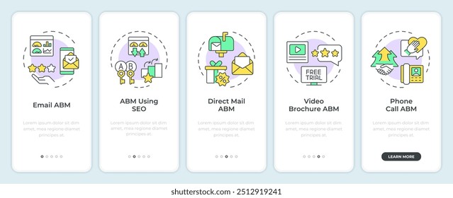 ABM tools onboarding mobile app screen. Seo marketing. Walkthrough 5 steps editable graphic instructions with linear concepts. UI, UX, GUI template