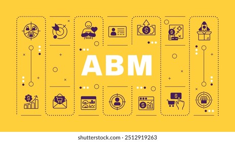 ABM yellow word concept. Marketing strategy, ppc. Sales statistics, customer acquisition. Horizontal vector image. Headline text surrounded by editable outline icons