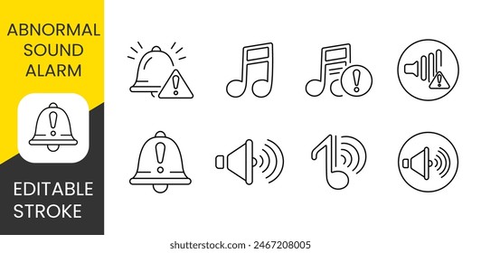 Alarma de sonido anormal set de iconos de línea de Vector para empaque con trazo editable.