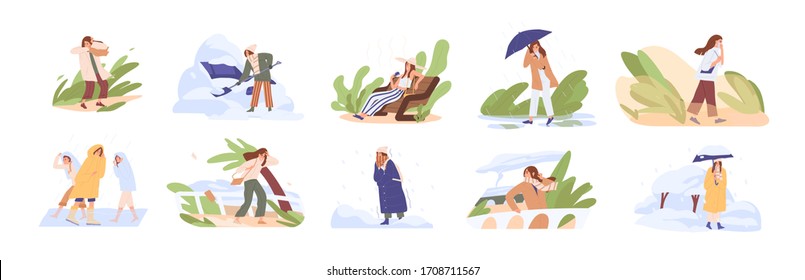 Abnormal weather conditions scene collection. Strong wind, snowfall, heat, downpour, sandstorm, flood, frost, hurricane, tornado. People during cataclysm. Vector illustration in flat cartoon style