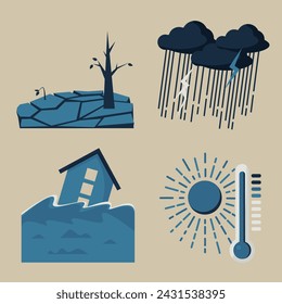 Abnormal weather illustration set. Drought, heavy rain, flood, intense heat.