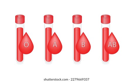ABO Blood groups. four blood types, A,B, AB and O groups, made up from combinations of the type A and type B antigens. Blood donation. Blood droplets. Vector illustration.