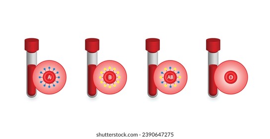 ABO Grupos de sangre. cuatro tipos de sangre, grupos A, B, AB y O, compuestos por combinaciones de antígenos de tipo A y tipo B. Donación de sangre. Gotas de sangre. Ilustración vectorial.