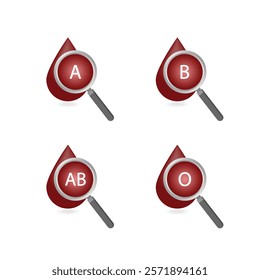 ABO Blood groups. four blood types, A,B, AB and O groups, made up from combinations of the type A and type B antigens. Blood donation. Blood droplets. Vector illustration.