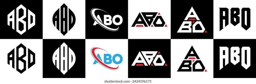 ABO letter logo design in six style. ABO polygon, circle, triangle, hexagon, flat and simple style with black and white color variation letter logo set in one artboard. ABO minimalist and classic logo