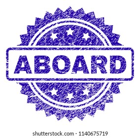 ABOARD stamp imprint with scratched style. Blue vector rubber seal print of ABOARD title with scratched texture.