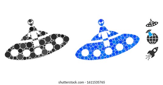 Aboard UFO composition of small circles in various sizes and color tints, based on aboard UFO icon. Vector small circles are combined into blue mosaic.