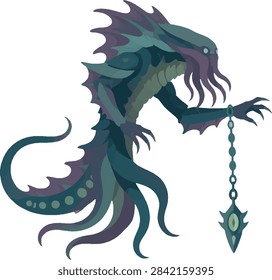 aboleth emerging with a mind-tether chain, side profile facing right, full body, eldritch oceanic horror, vector illustration