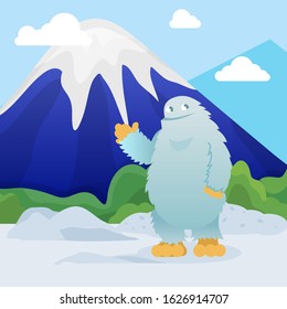 Abominable snowman stands on snowy mountain peak background vector illustration flat style. Friendly cute yeti character welcome greeting gesture. Bigfoot in winter highlands.