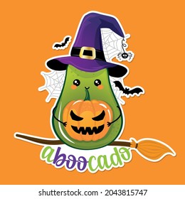 Aboocado (A-boo-cado pun) - Avocado-Charakter in Hexenkostüm mit Kürbislaterne, Besen und Hexenhut - Fröhliche Halloween-Illustration. Gut für Drucke auf T-Shirt und Tasche, Poster, Karte. Boo.