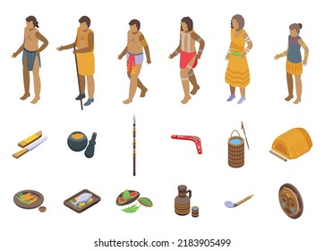 Aborigin icons set isometric vector. Cultural africa. Totem tribe