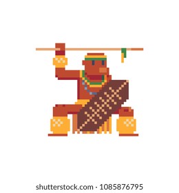 Aboriginal African character, wild man. Pixel art 80s style icon. Stickers design. Isolated vector illustration.