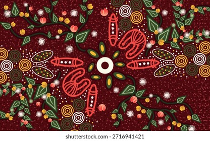 Arte aborígene de fundo com elementos inspirados na natureza