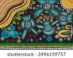  aboriginal art vector. A illustration based on aboriginal style of dot painting. depicting river Australian aboriginal art. with color wave. Aboriginal pattern