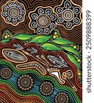 aboriginal art vector. A illustration based on aboriginal style of dot painting. depicting river Australian aboriginal art. with color wave. Aboriginal pattern