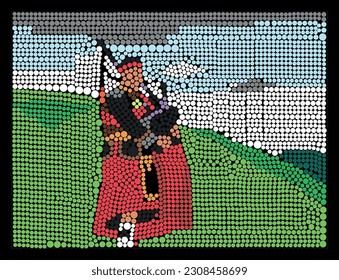 Aboriginal artwork of a Scottish bagpiper