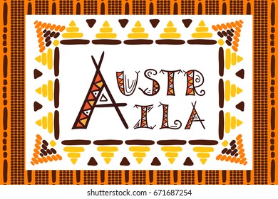 Aboriginal Australia travel vector. Traditional dotted art illustration. Typography background design for tourist banner, souvenir card, sticker, magnet, postcard, fashion t-shirt print or poster. 