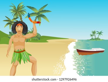  Aboriginal australian man, Tropical islands on ocean landscape, palm trees on coastal line, summer landscape. 