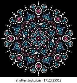 Aboriginal bohemian dot painting mandala vector pattern, Australian dot art ornament in white, pink and blue on black

Indigenous tribal decoration with dots inspired by traditional art from Australia