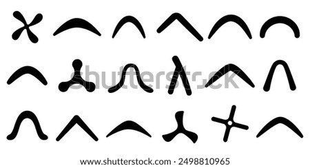 Aboriginal boomerangs black silhouettes. Native australian weapon or sport equipment. Children boomerang toy for outdoor activity games, nowaday vector icons