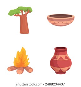 Aboriginal culture icons set cartoon vector. Aboriginal tribe culture and life. South africa