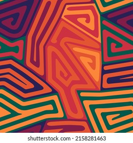 Aboriginal design. Tribal motif. Seamless pattern. Folk wallpaper. Indigenous ornament. Linear backdrop. Embroidery background. Ethnic mosaic. Textile print.