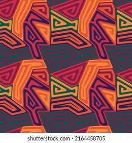 Aboriginal design. Tribal motif. Seamless pattern. Folk wallpaper. Indigenous ornament. Linear backdrop. Embroidery background. Ethnic mosaic. Textile print