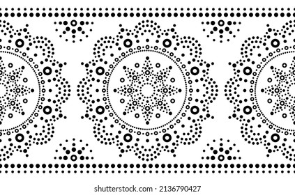 Aboriginal Dot Art Vector Seamless Pattern, Traditional Indigenous Repetitive Mandala Designfrom Australia In Black On White Background. Abstract Monochrome Wallpaper Background Mandala With Dots