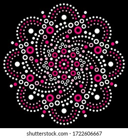 Aboriginal dot painting mandala pink flower vector pattern, Australian traditional ornament on black background

Indigenous tribal decoration with dots inspired by traditional art from Australia