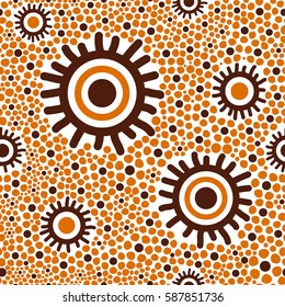 Aboriginal dot pattern vector seamless. Australian tribes sun print. 